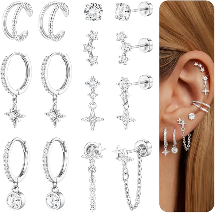 Dochais Flat Back Cartilage Earrings for Women Trendy Dainty CZ Flatback Studs Earing Sets 14k Gold Plated Hypoallergenic Huggie Hoops Earring Stacks for Multiple Piercing