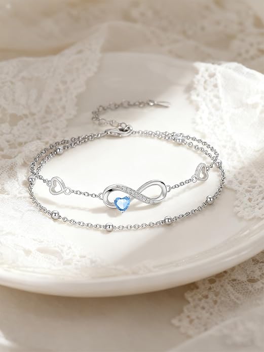 Dorunmo Infinity Heart Anklet Bracelet for Women 925 Sterling Silver Adjustable Infinity Birthstone Bracelet Friendship Jewelry Gifts for Women Birthday Christmas