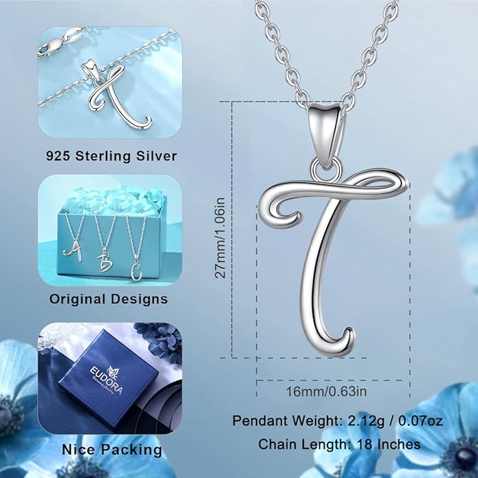 EUDORA Sterling Silver Initial Necklaces for Women, Classic 26 Letter Neckless Gifts for Girls, Sister, Mother Daughter, 18 inch Chain