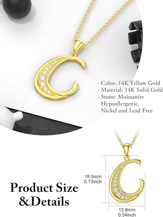 14k Gold Initial Necklace for Women, Solid Gold Moissanite Letter Pendant Necklaces Jewelry for Her Birthday Valentines Day Gifts for Mom Wife Christmas Gifts for Girlfriend Sister