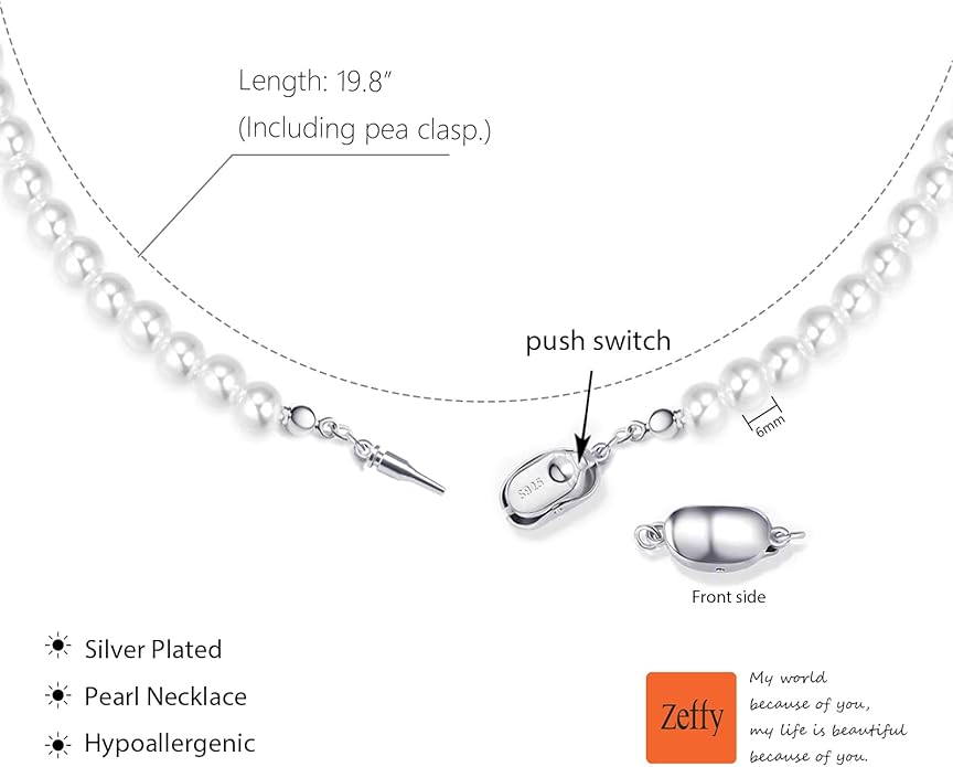 Zeffy Pearl Necklace 4MM/6MM/8MM Dainty Round Imitation Pearl Choker Necklace Wedding Pearl Necklace Delicate Jewelry for Women Simple Bridesmaid Jewelry Gifts
