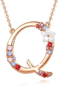 Flower Initial Letter Necklace Pink Red Blue Simulated Pearl Pendant Name Jewelry Made with Austrian Crystals Rose Gold Plated Anniversary Birthday Gifts for Women,18"+2"