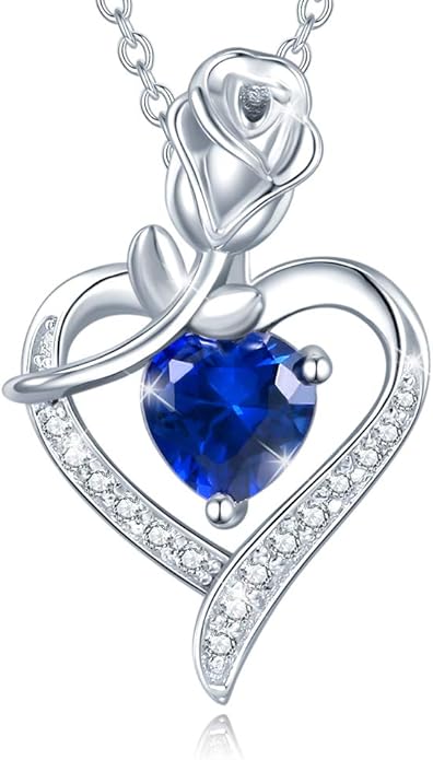 AGVANA Valentines Day Gifts Rosy Reverie Birthstone Necklace for Women Sterling Silver Genuine or Created Gemstone Rose Flower Heart Pendant Necklace Anniversary Birthday Gifts for Women Mom Wife Her