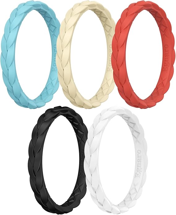 Egnaro Thin Silicone Anniversary Rings:2.5mm Wide - 2mm Thick Woven Design Statement Rubber Wedding bands Women,2-5 Variety Multipack