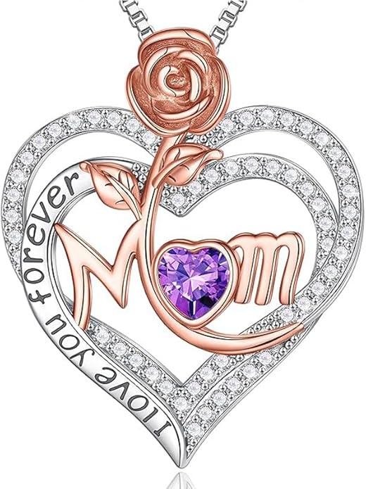 Rose Birthstone Gifts for Mom, S925 Sterling Silver Rose Heart Pendant Birthstone Necklace Mothers Day Valentines Day Christmas Birthday Jewelry Gifts for Mom
