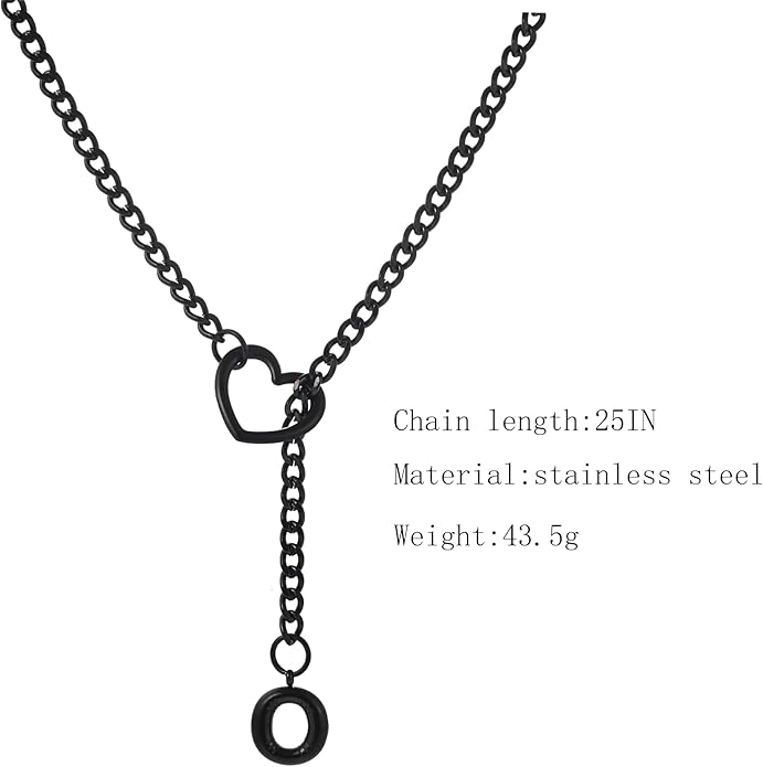 Black Heart Slip Chain Initial Necklaces for Women,Stainless Steel O-Ring Adjustable Lariat Heart Y-Necklace,Punk Gothic Cuban Collar Choker Necklace for women