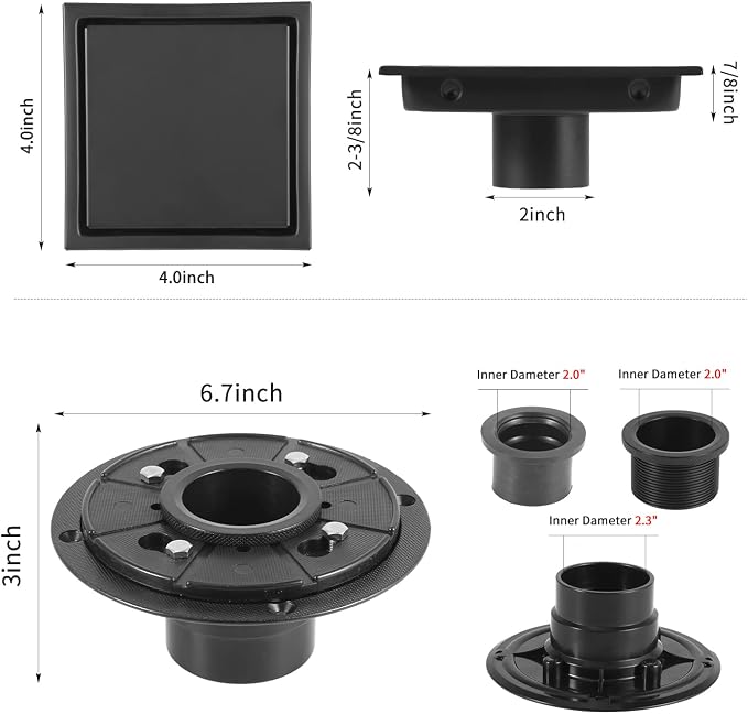 Shower Drain 4 Inch Tile Insert Matte Black, Stainless Steel Square Floor Drain - Image 4