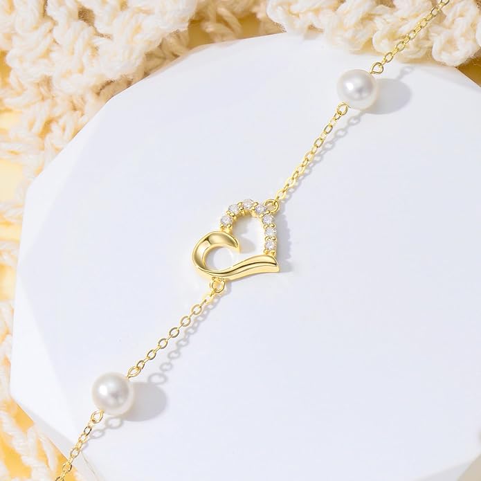 SISGEM 10k Gold 0.09 Carat Natural Diamond Heart Anklet for Women, Real Gold Pearl Jewelry Ankle Bracelets Present for Her, 9.4"-11"