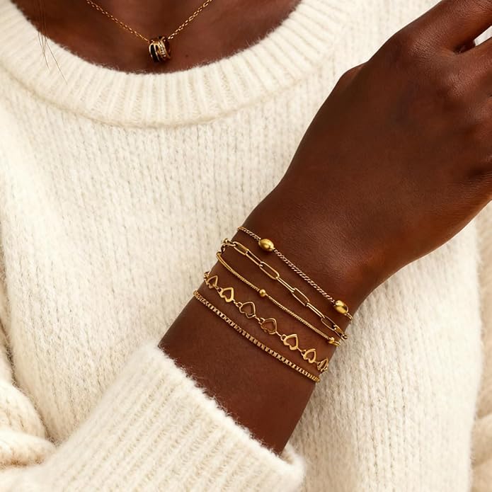 18K Gold Plated Bracelet Sets for Women Waterproof - Trendy Thin Dainty Stackable Cuban Link Paperclip Snake Twisted Chain Fashion Jewelry Accessories Gifts for Women