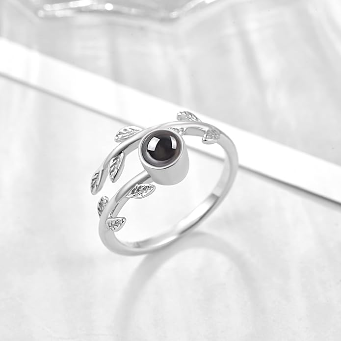 PRAYMOS 925 Sterling Silver Leaf Ring White Opal Moonstone Rings Adjustable Open Ring for Women with Jewelry Box Size 7-9