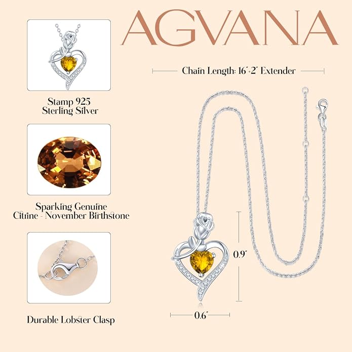 AGVANA Valentines Day Gifts Rosy Reverie Birthstone Necklace for Women Sterling Silver Genuine or Created Gemstone Rose Flower Heart Pendant Necklace Anniversary Birthday Gifts for Women Mom Wife Her