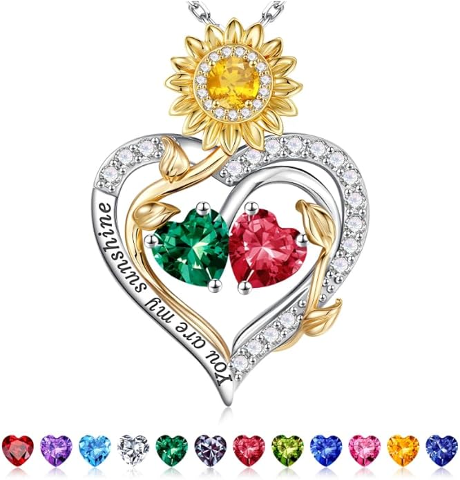 Iefil Valentines Day Gifts for Her - 925 Sterling Silver Sunflower Double Birthstone Necklace for Women, Anniversary Birthday Gifts for Wife, You Are My Sunshine Necklaces, Jewelry for Wife Mom