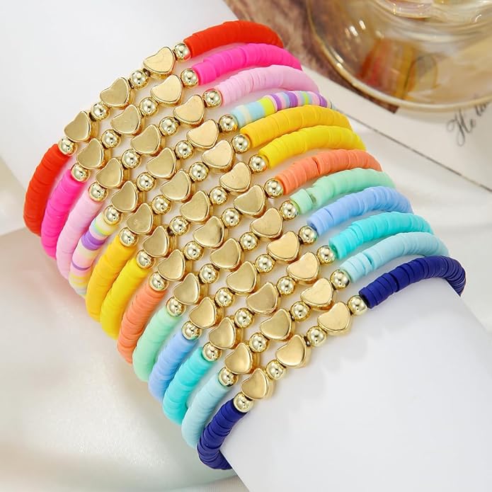 Friendship Bracelets Boho Stackable Bracelets for Women Surfer Heishi Clay Bead Bracelets Stretch Preppy Bracelets Colorful Boho Bracelets for Women