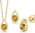 Gem Stone King 18K Yellow Gold Plated Silver 5MM Round Gemstone Birthstone Teardrop Pendant Earrings Set | Jewelry Set for Women | With 18 Inch Chain
