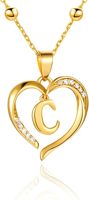 Cicy Bell Womens Heart Initial Necklace for Women 18k Gold Plated Shell Personalized Letter Pendant Necklace 17.7'' with 2'' Extender