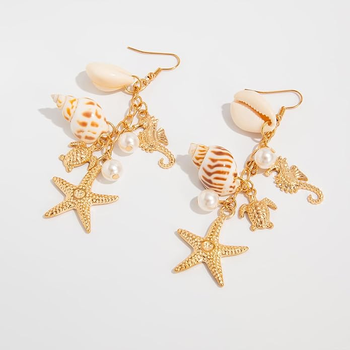 Gold Starfish Shell Earrings for Women with Pearl Beach Seashell Earrings Dangle Summer Vacation Earring for Women Beach Jewelry