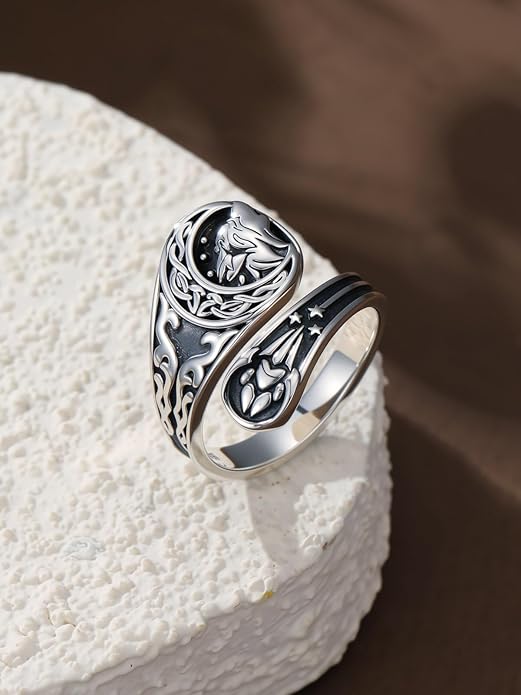 Midari Sun and Moon/Bee/Celtic/Life of Tree/Lotus Spoon Ring for Women 925 Sterling Silver Adjustable Ring Open Ring for Women Men Halloween Birthday Gift