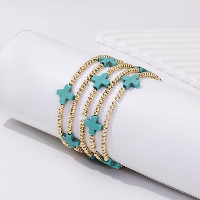 Gold Plated Beaded Bracelets for Women Trendy, 14K Gold Plated Stack Cross Pearl Gold Plated Bead Stretch Bracelets Set Elastic Hypoallergenic Bracelets Jewelry Gifts