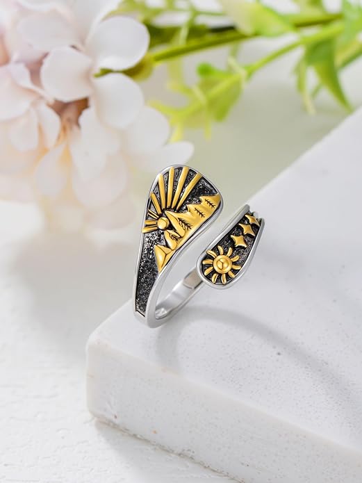 Midari Sun and Moon/Bee/Celtic/Life of Tree/Lotus Spoon Ring for Women 925 Sterling Silver Adjustable Ring Open Ring for Women Men Halloween Birthday Gift