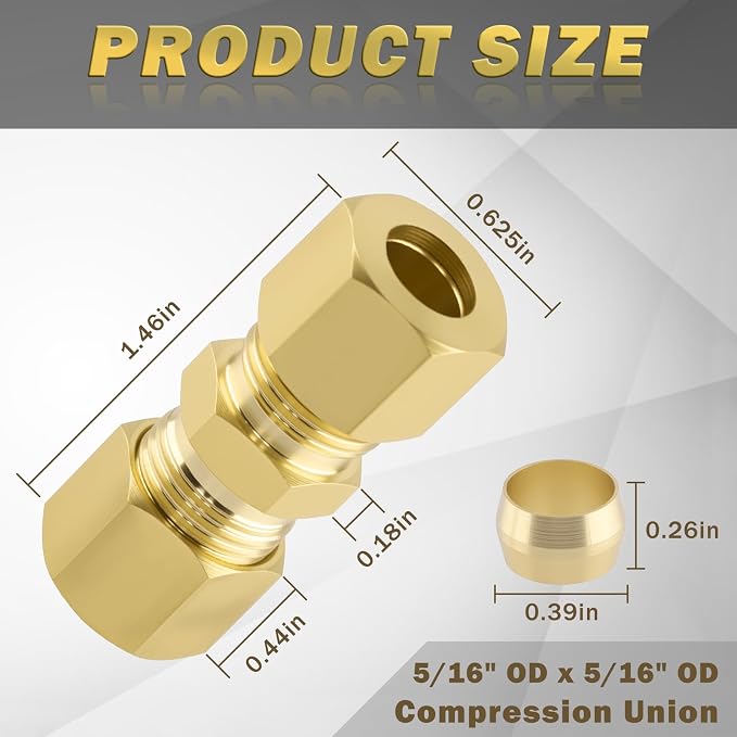 5/16" OD x 5/16" OD Brass Compression Union Fitting, 10 Pack Straight Tube - Image 2
