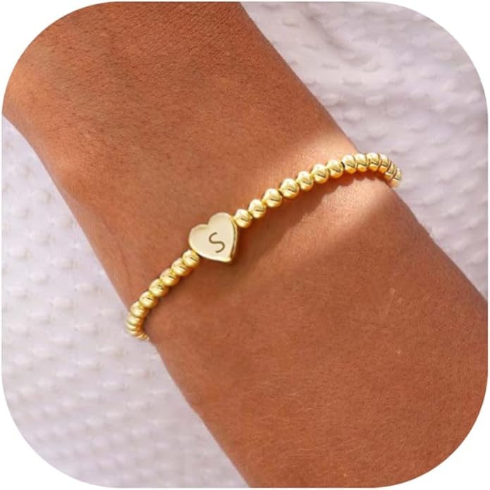 Valentines Day Gifts for Women Her - Dainty Beaded Heart Initial Bracelets Letter A-Z Charm Stretch Bead Ball Bracelet Trendy Jewelry Gifts