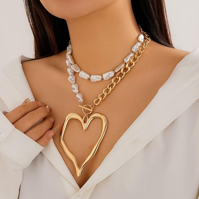 Chunky Gold Necklace Big Heart Necklace for Women Silver Large Statement Necklaces Thick Bold Chain Puffy Love Heart Charm Necklaces for Women with OT Toggle Silver Chunky Gold Jewelry Trendy Valentine's Day Gift
