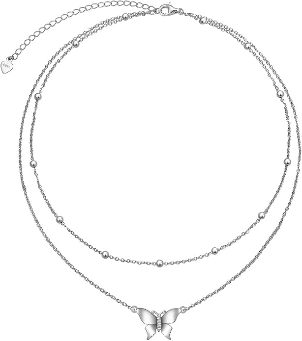 FLYOW S925 Sterling Silver Dainty Butterfly/Moonstone/Turquoise/Agate/Circle Choker Necklace Short Dainty Layered Pendant Necklace Jewelry for Women Girls