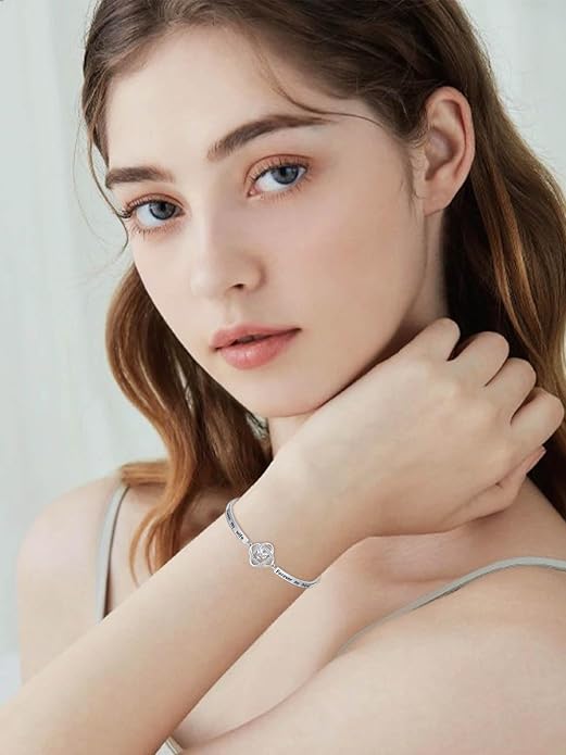 Valentines Day Gifts for Her, 18k White Gold Plated Love Knot Bracelets, Engraved Inspirational and Sentiment Bangle, Anniversary Birthday Jewelry Gift for Lover Wife Girlfriend Sister Friends