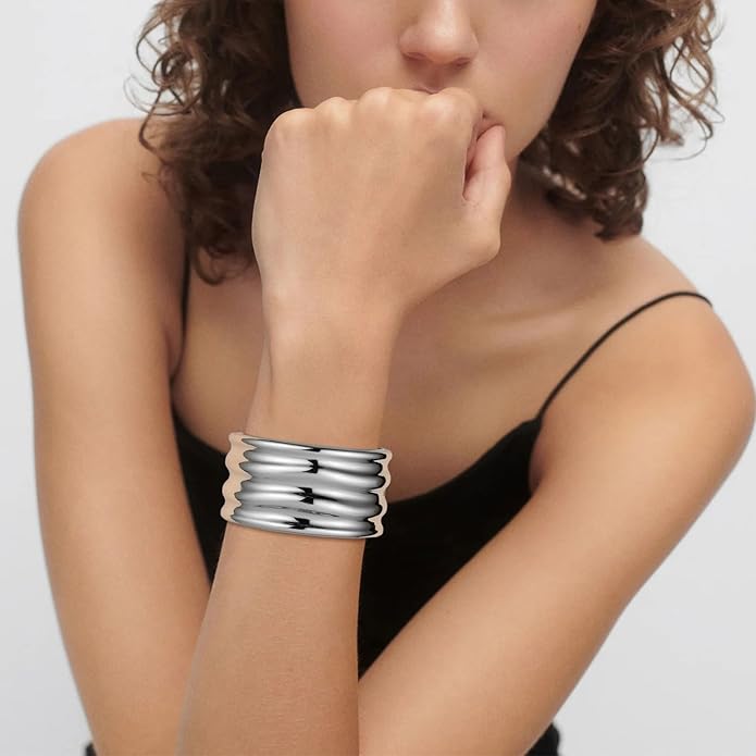 HZMAN 18K Gold Plated Wide Cuff Bracelet for Women - Premium Alloy Shiny Polished Double Layer Statement Bangle, Trendy Daily Wear Party Jewelry Accessory