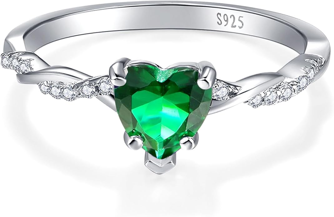 1.25ct Womens Heart Promise Ring, 925 Sterling Silver Heart Cut Created Emerald/Sapphire/Amethyst/Ruby/Cubic Zirconia/Opal Twisted Vine Engagement Ring for Women Size 5-10