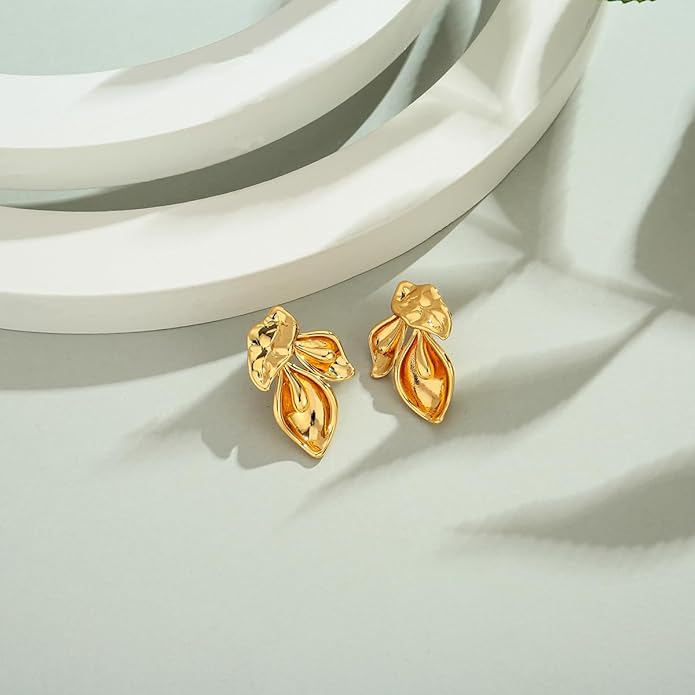 Chunky Gold Statement Earrings For Women Gold Plated Sectored Flower Leaf Shell Angel Wing Earrings Trendy Boho Jewelry For Women Large Stud Earrings Hypoallergenic Earrings