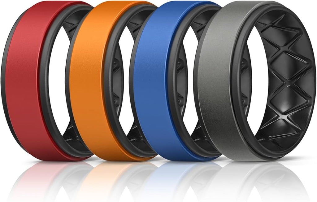 Egnaro Silicone Rings for Men 1/4/5/6/7 Multipack of Breathable Mens Silicone Rubber Wedding Rings Bands - Step Edge