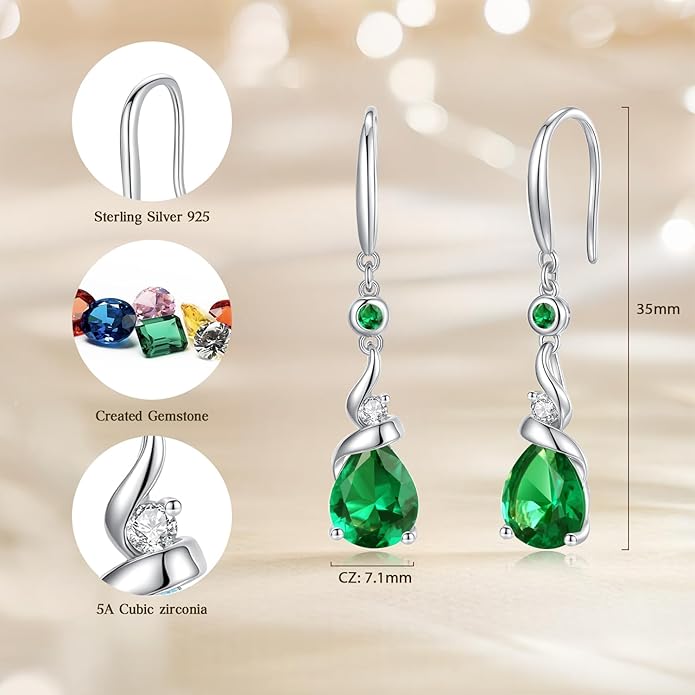FANCIME Women Drop Earrings 925 Sterling Silver with Pear Gemstone Dangle Birthstone Earring Fine Jewelry Birthday Gifts for Women