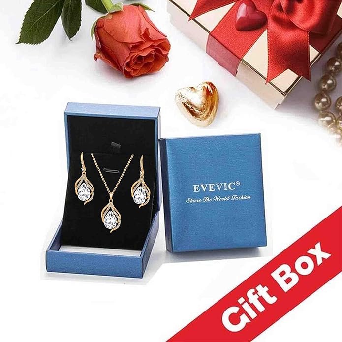 EVEVIC Austrian Crystals Teardrop Hollow Twisted Pendant Necklace Earrings for Women 14K Gold Plated Halo Drop Dangle Earrings Hypoallergenic Jewelry Set