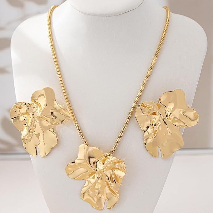 Chunky Big Gold Earrings Statement Choker Necklace Jewelry Set for Women, Charm Large Irregular Geometry Pendant Bold Stud Party Prom Accessories Gift