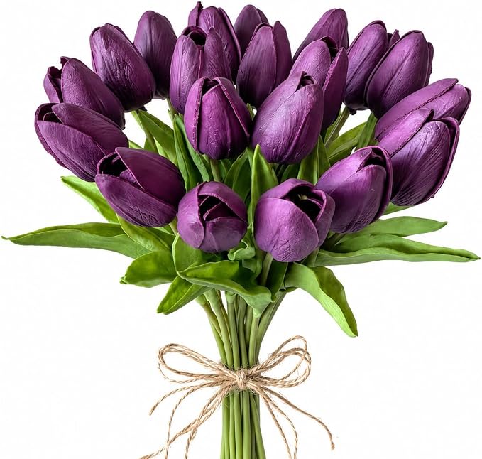Mandy's 20pcs Artificial Grape Purple Tulips | 13.5 Inch Lifelike PU Tulips by Mandys