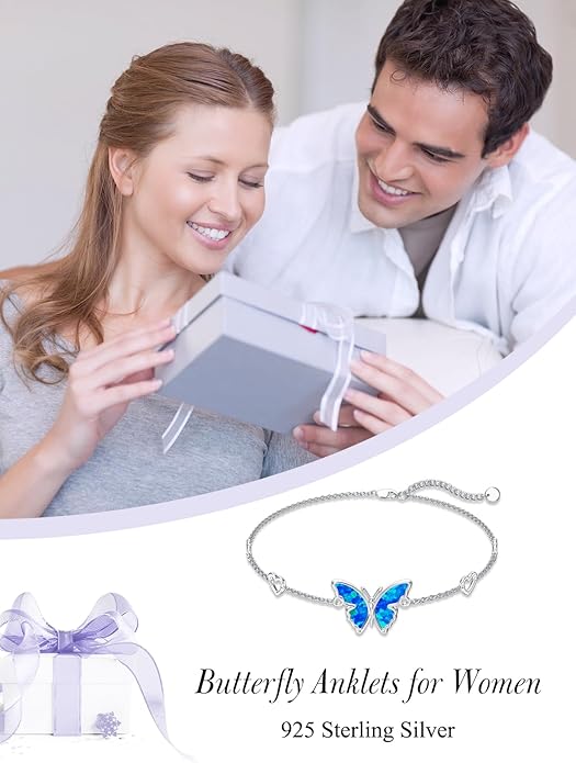 WINNICACA 925 Sterling Silver Anklets for Women Adjustable Beaded Butterfly Opal Anklet Bracelet Foot Chains Jewelry Gifts for Women Beach Birthday Christmas Gift