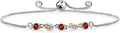 Gem Stone King 3-Stone Adjustable Bracelet for Women | 925 Silver and 10K Yellow Gold | Gemstone Birthstone and Lab Grown Diamond | Round 3MM | Two-Tone Adjustable Tennis Bracelet Up to 9 Inch