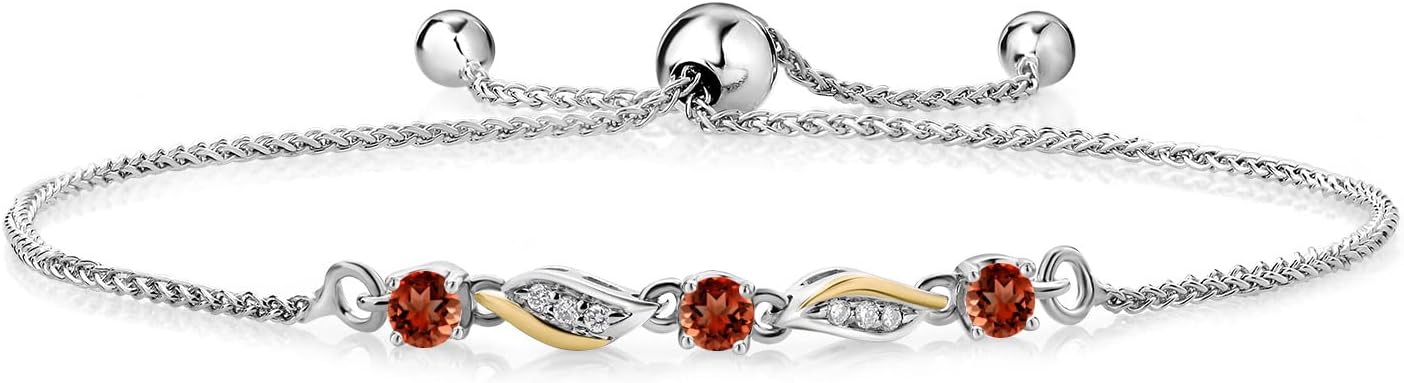 Gem Stone King 3-Stone Adjustable Bracelet for Women | 925 Silver and 10K Yellow Gold | Gemstone Birthstone and Lab Grown Diamond | Round 3MM | Two-Tone Adjustable Tennis Bracelet Up to 9 Inch