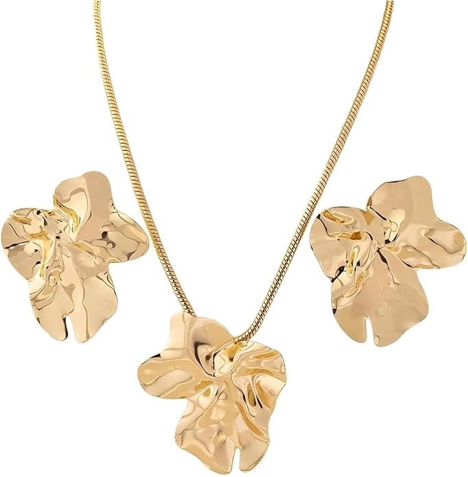 Chunky Big Gold Earrings Statement Choker Necklace Jewelry Set for Women, Charm Large Irregular Geometry Pendant Bold Stud Party Prom Accessories Gift