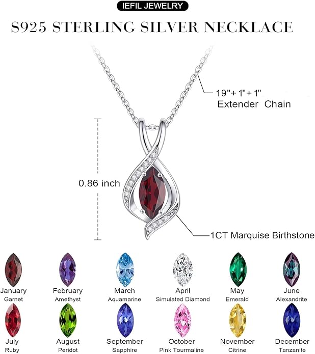Iefil Valentines Day Gifts for Her, 925 Sterling Silver Marquise Birthstone Necklace Birthday Gifts Dainty Necklaces Birthstone Jewelry for Wife Daughter, 19"+2" Inches