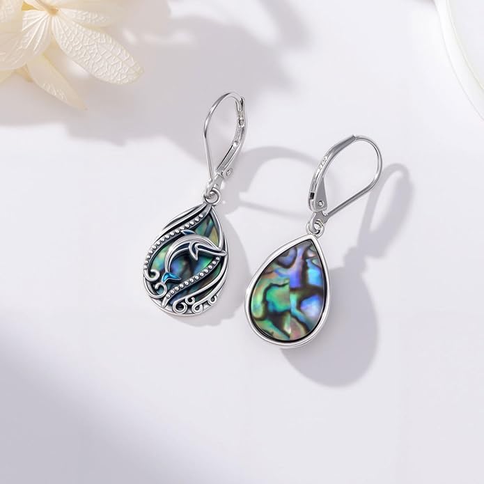 Animal Earrings 925 Sterling Silver Abalone Shell Dangle Drop Earrings Leverback Earrings Cute Animal Jewelry Gifts for Women Girlfriend