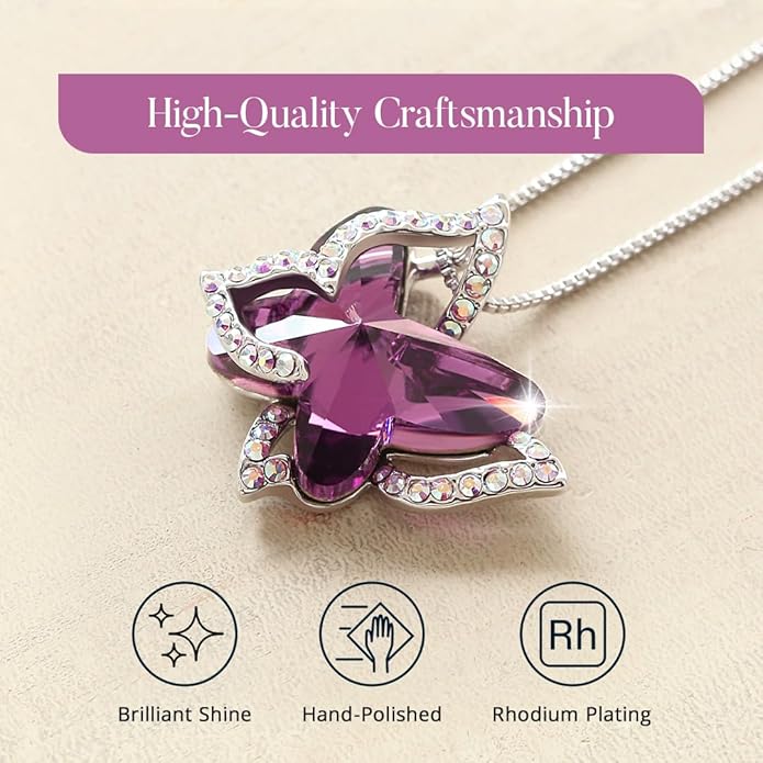 Valentine's Day Gift Butterfly Birthstone Crystal Necklace, Silver Tone with 18”+2” Chain, Necklace for Mother’s Day Anniversary Birthday Gifts for Women and Daughter