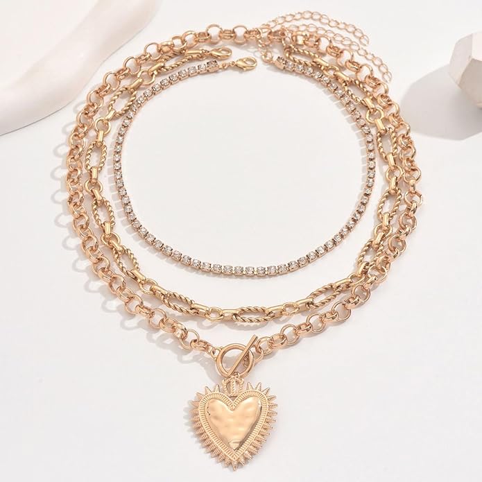 Chunky Gold Necklace Big Heart Necklace for Women Silver Large Statement Necklaces Thick Bold Chain Puffy Love Heart Charm Necklaces for Women with OT Toggle Silver Chunky Gold Jewelry Trendy Valentine's Day Gift