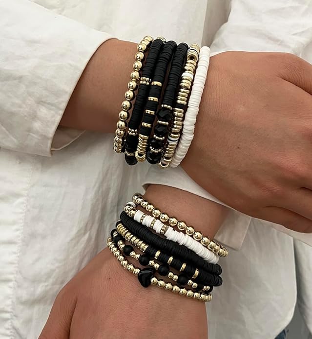 iF YOU 13pcs Heishi Clay Beaded Stretch Bracelets for Women, Boho Gold Surfer Stackable Bracelet Stacks White Brown Black Beach Jewelry