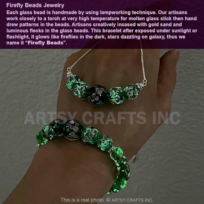 ARTSY Crafts Lily Garden Glow in the Dark Firefly Bead Bracelets Necklaces, Handmade in USA Murano Glass Jewelry, Flower Luminous Beads Mermaid Crystal Bracelet Bangle