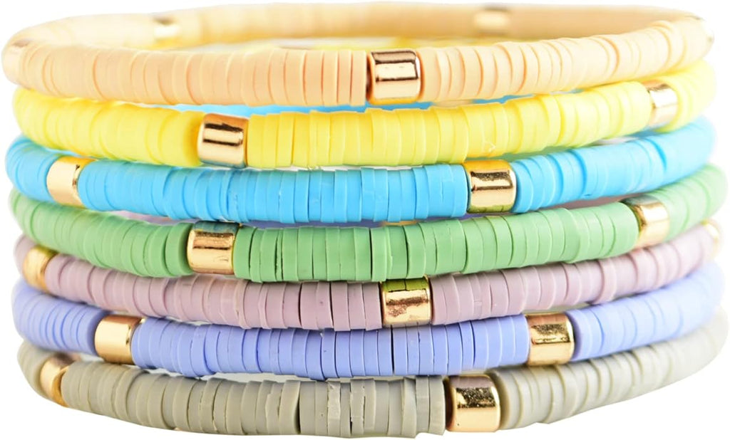 GOOJIDS Surfer Heishi Clay Bead Bracelets for Women Bohemian Stackable Gold Plated Beaded Stretch Bracelets Elastic Layering Friendship Bracelets Set Boho Jewelry