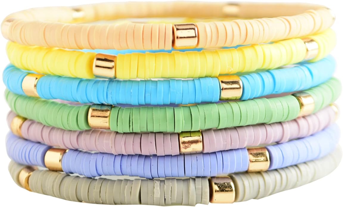 GOOJIDS Surfer Heishi Clay Bead Bracelets for Women Bohemian Stackable Gold Plated Beaded Stretch Bracelets Elastic Layering Friendship Bracelets Set Boho Jewelry