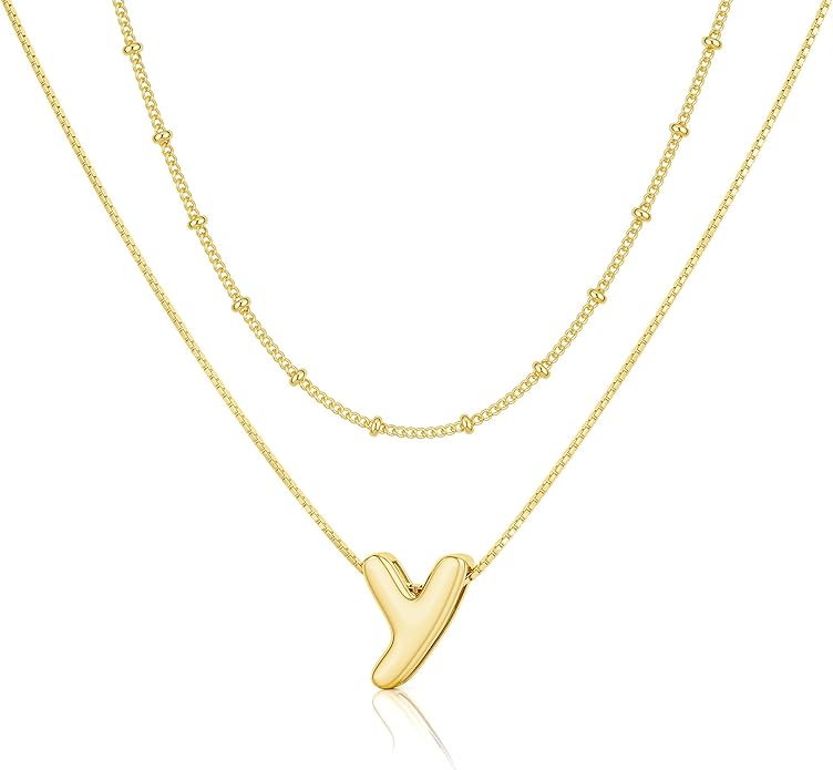 Initial 14K Gold Plated Necklaces for Women, Layered Bubble Letter A-Z Necklace Pendant Choker Necklaces for Women Trendy Monogram Name Necklace Personalized Jewelry for Women