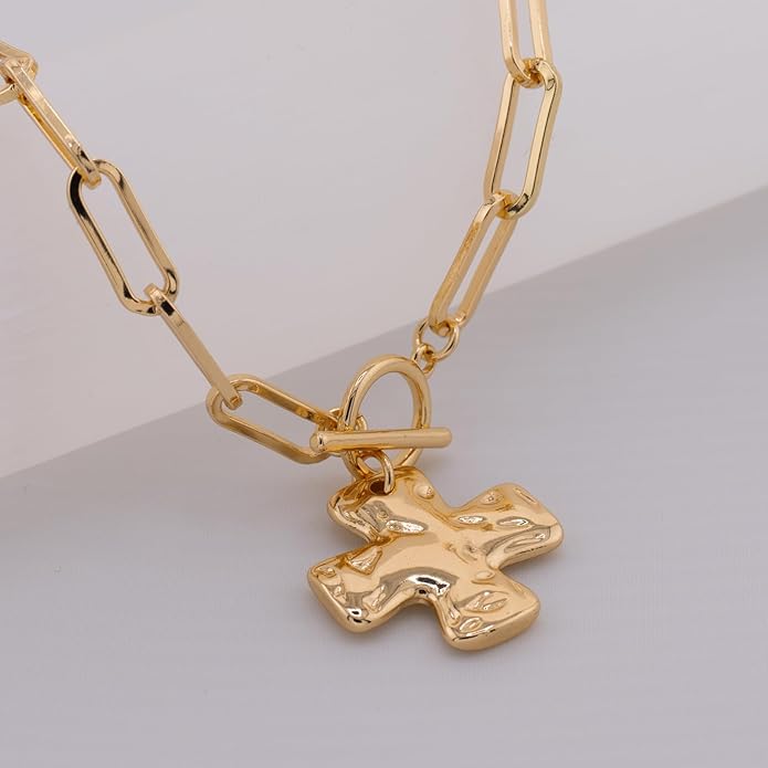 Gold Chunky Cross Necklace for Women - Statement Layered Hammered Cross Pendant Jewelry with Vintage Toggle Clasp, Bold Paperclip Chain Necklace Gift for Her